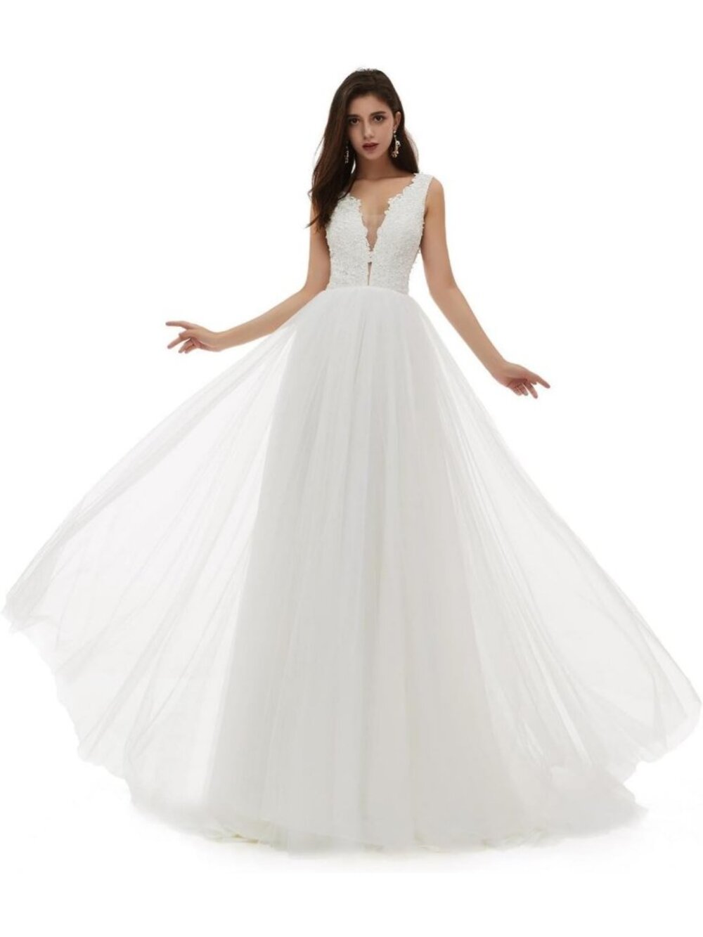 Chiffon Spaghetti Strap Beach Wedding Dress, V-Neck A-Line Lace Plus Size Gown